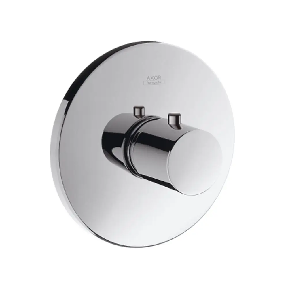 Wandmontiertes Thermostat in Chrom mit zwei Bedientasten. Hersteller AXOR. Runde Montageplatte. Eignet sich für die Steuerung von Wasser- oder Heizsystemen.